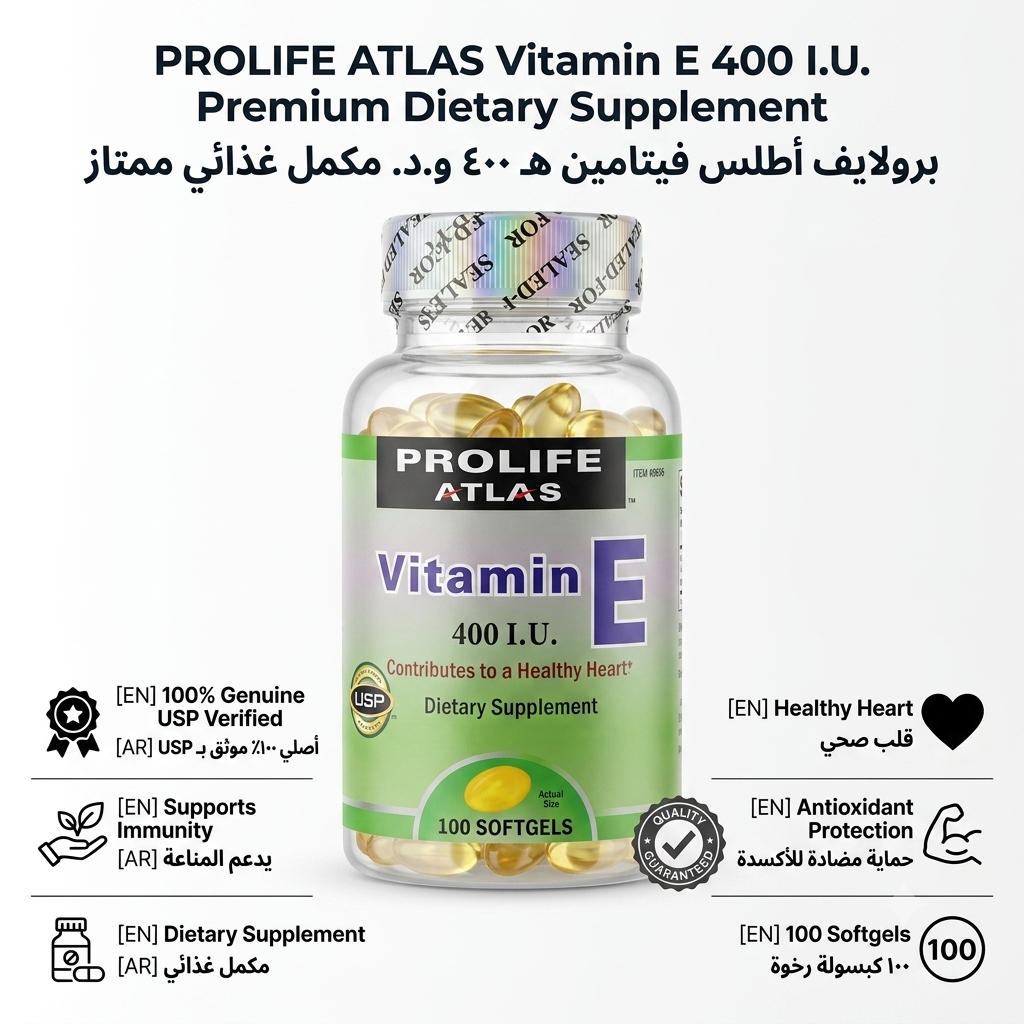 PROLIFE ATLAS Vitamin E 400 I.U. (100 Softgels) | برولايف أطلس فيتامين هـ ٤٠٠ و.د. مكمل غذائي ممتاز