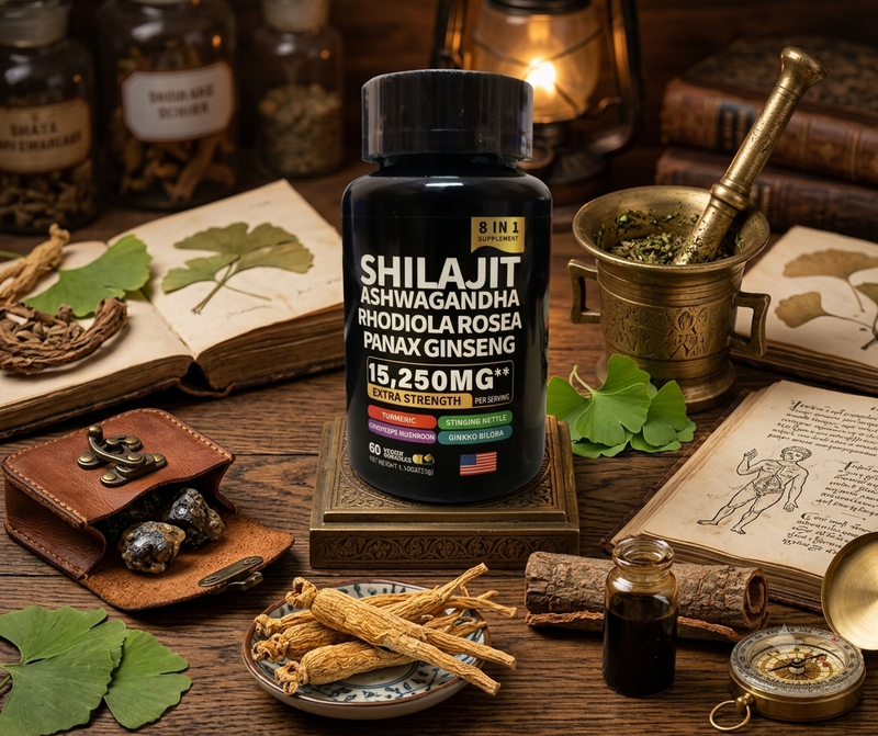8-in-1 Shilajit & Ashwagandha Extra Strength Complex (60 Veggie Capsules) | مكمل الشيلاجيت والأشواغندا 8 في 1 لتعزيز الطاقة والحيوية