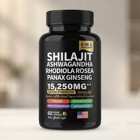 8-in-1 Shilajit & Ashwagandha Extra Strength Complex (60 Veggie Capsules) | مكمل الشيلاجيت والأشواغندا 8 في 1 لتعزيز الطاقة والحيوية